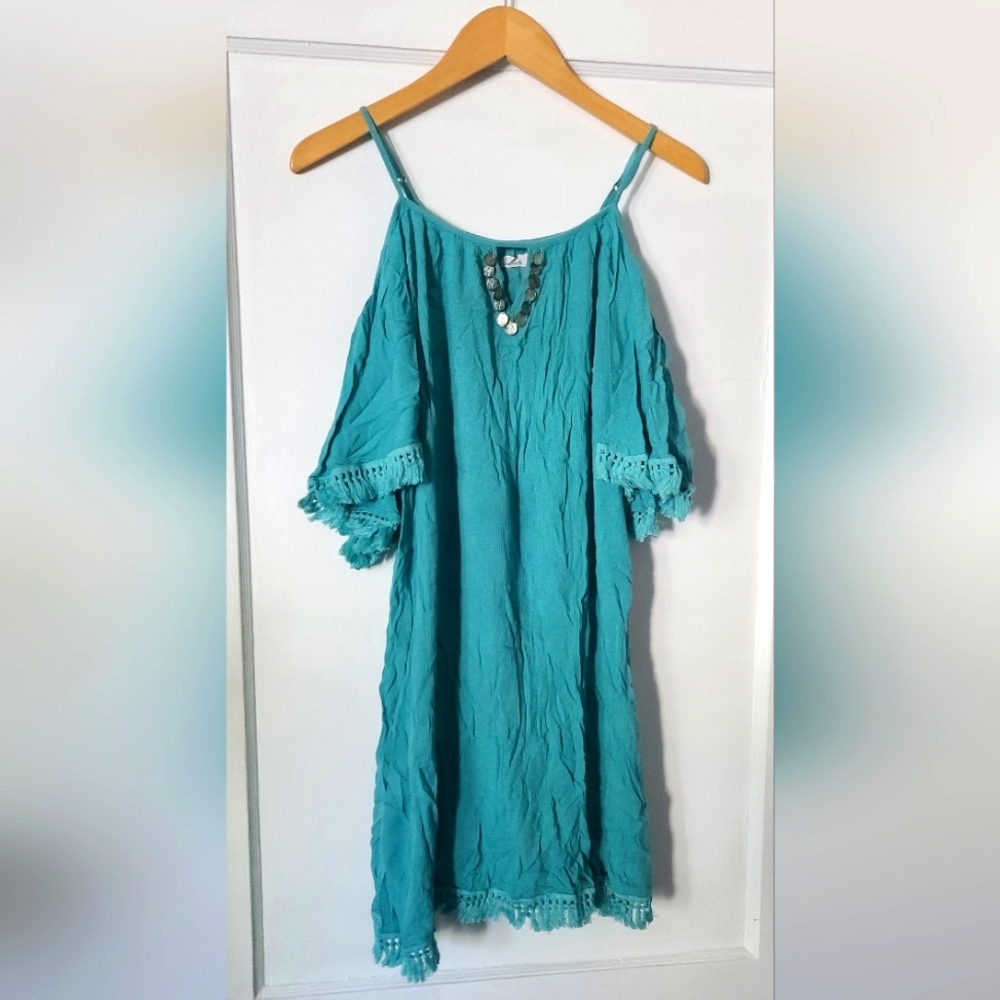 Earthbound Lua Nova-Turquoise Cover-Up/Dress-fringe-Coin Accents- XL